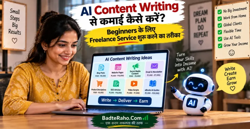 AI content writing से freelance service और कमाई शुरू करने को दिखाती featured image.