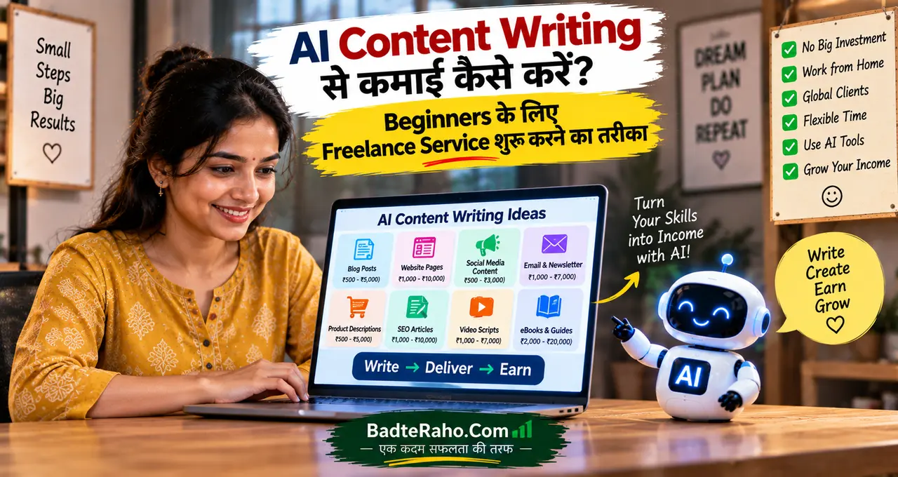 AI content writing से freelance service और कमाई शुरू करने को दिखाती featured image.