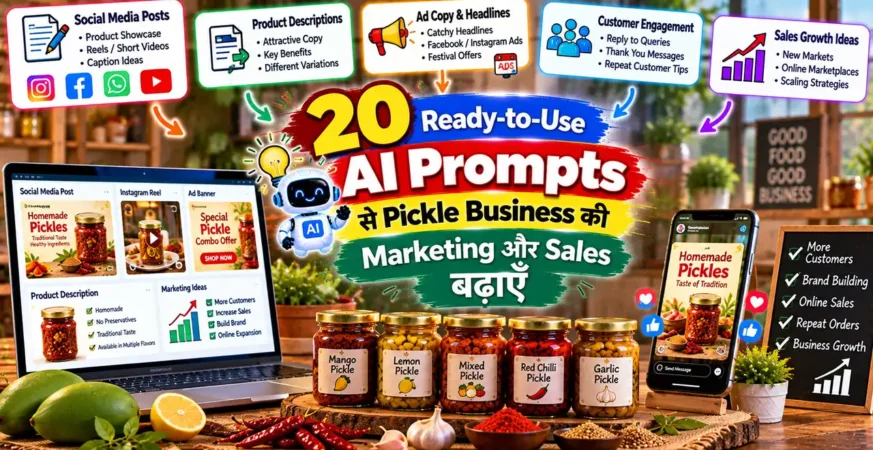 Pickle business की marketing और sales बढ़ाने के AI prompts को दिखाती featured image.