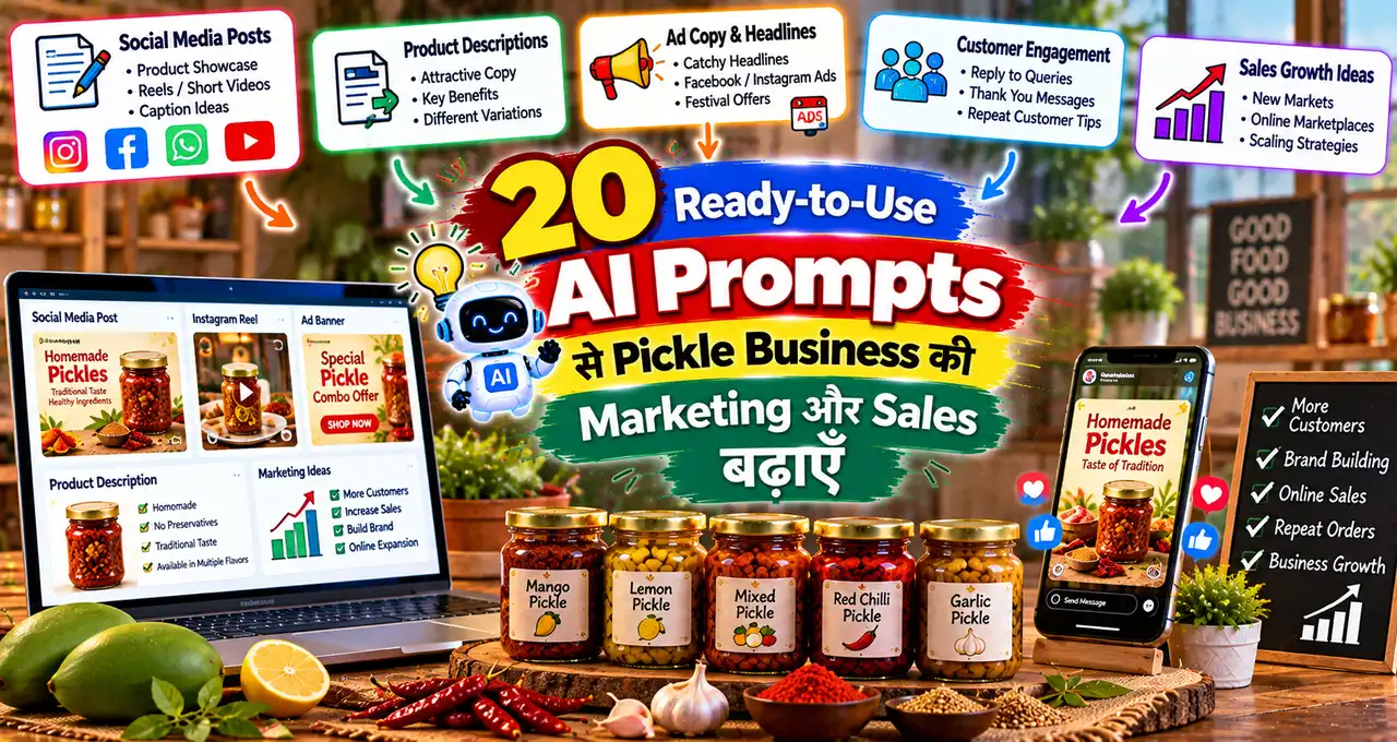 Pickle business की marketing और sales बढ़ाने के AI prompts को दिखाती featured image.