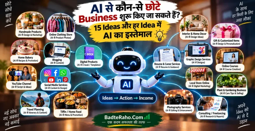 AI की मदद से शुरू किए जा सकने वाले small business ideas को दिखाती featured image.