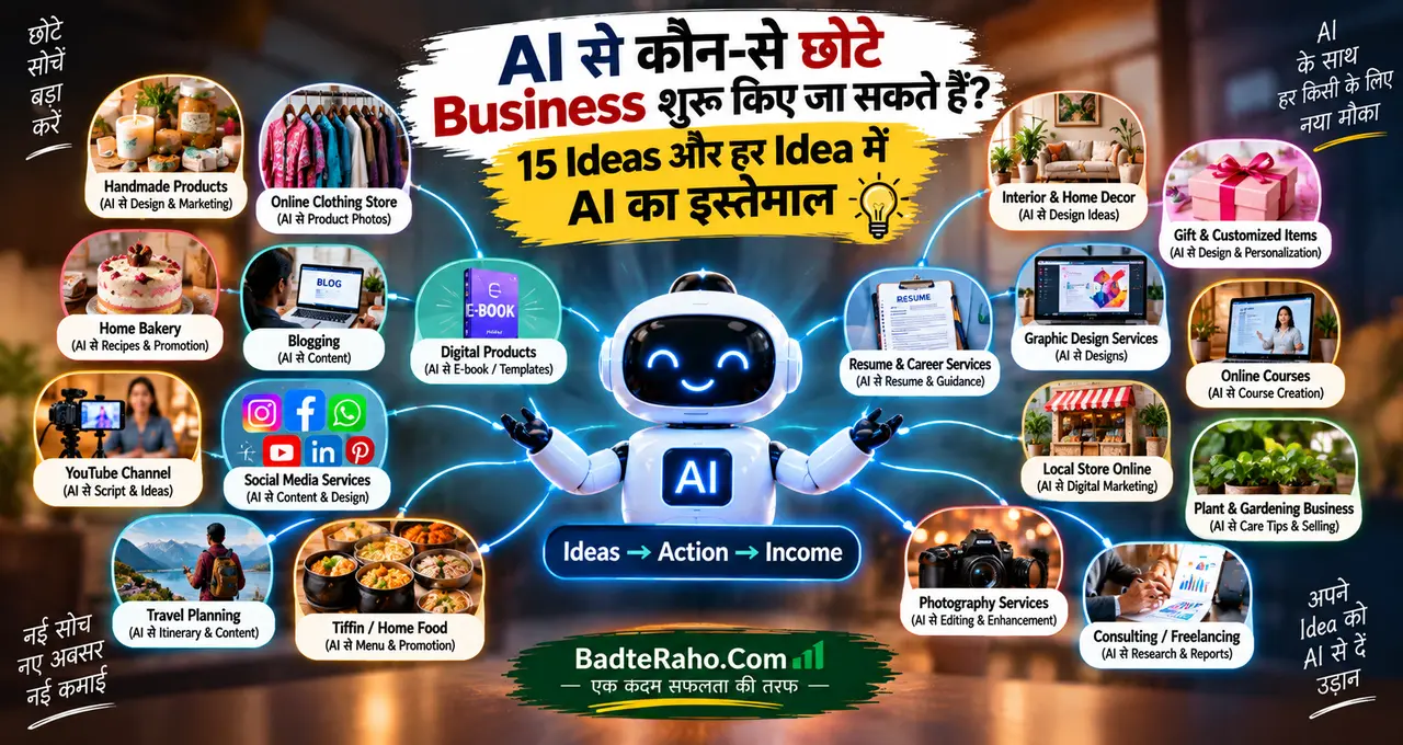 AI की मदद से शुरू किए जा सकने वाले small business ideas को दिखाती featured image.