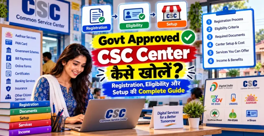 CSC Center खोलने की registration, eligibility और setup process को दिखाती featured image.