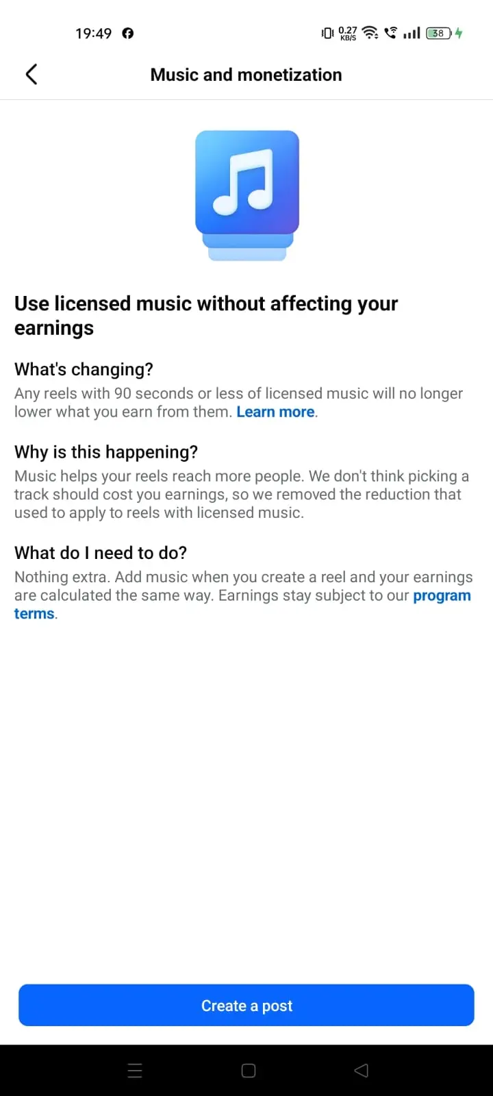Facebook Music and monetization notice showing licensed music earnings update for Reels up to 90 seconds