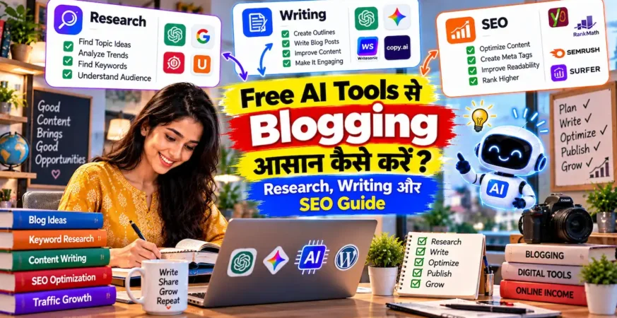Blogging में research, writing और SEO के लिए free AI tools को दिखाती featured image.