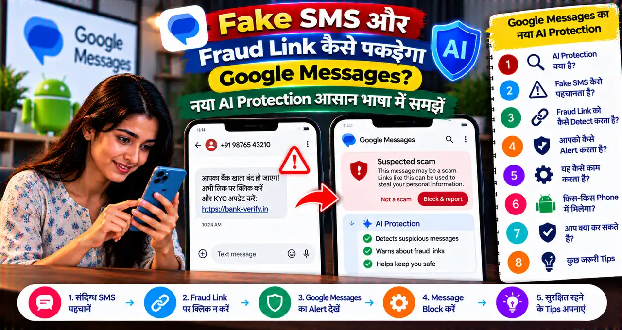 Google Messages AI Scam Protection से fake SMS और fraud links पहचानने के बारे में featured image
