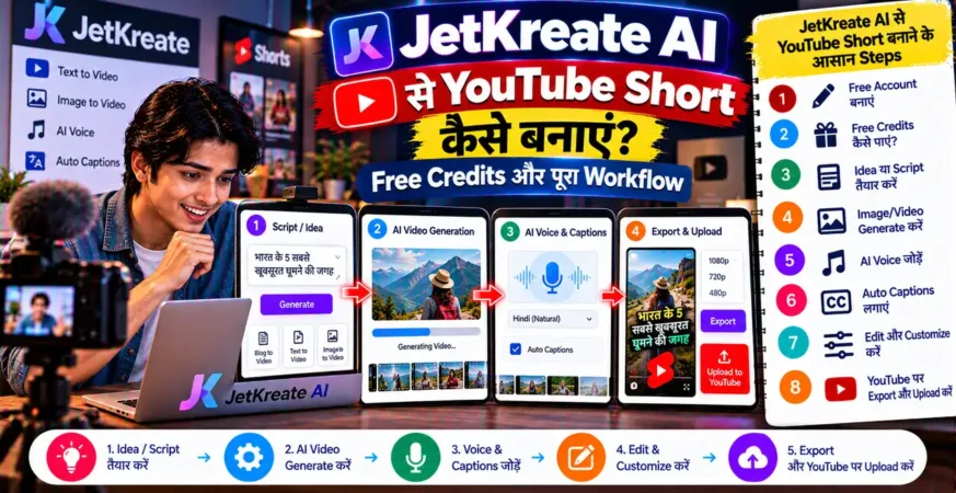 JetKreate AI से script, photo, video और voice-over बनाने के workflow के बारे में featured image