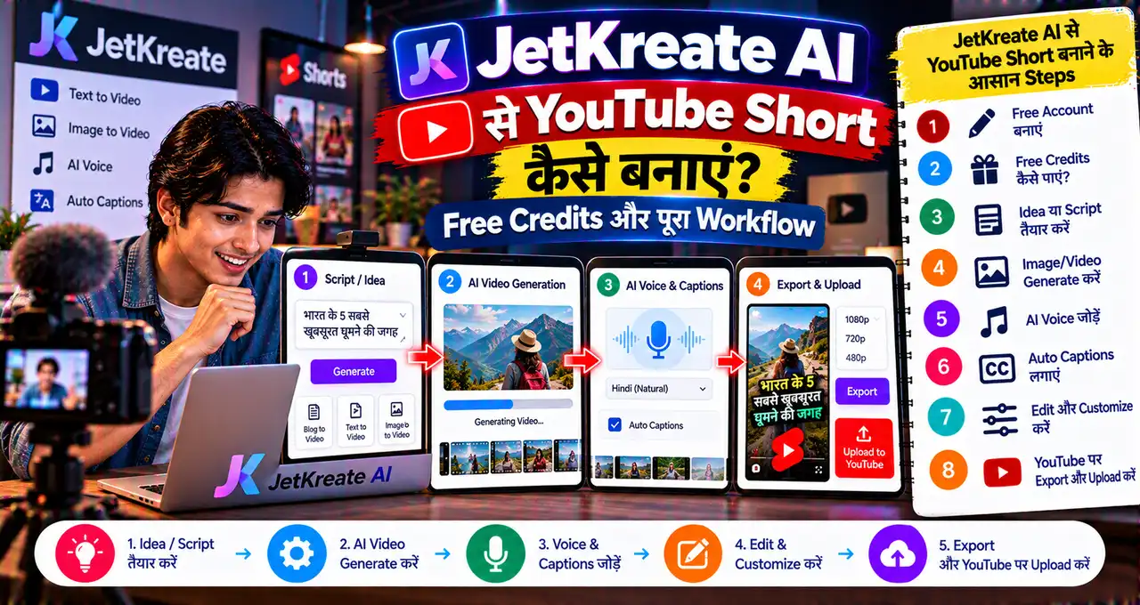 JetKreate AI से script, photo, video और voice-over बनाने के workflow के बारे में featured image