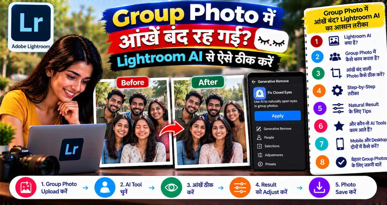 Adobe Lightroom Open Eyes AI से group photo में बंद आंखें ठीक करने के बारे में featured image