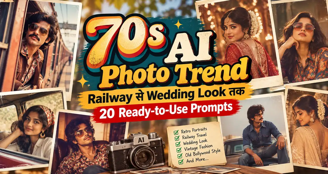 Retro AI photo trend के railway और wedding style prompts को दिखाती featured image.