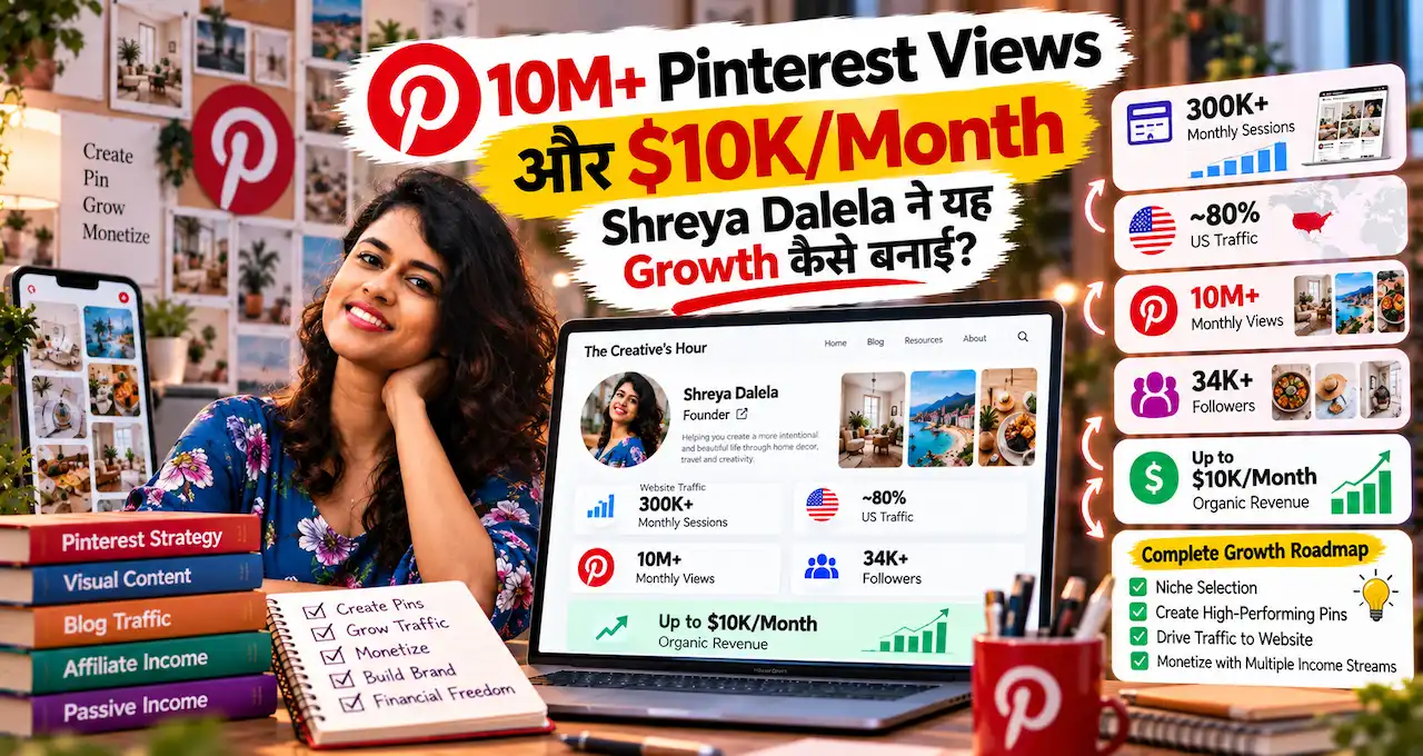 Shreya Dalela की Pinterest growth और online income journey को दिखाती featured image.