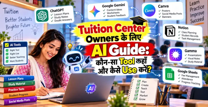 Tuition center में notes, tests और marketing के लिए AI tools को दिखाती featured image.