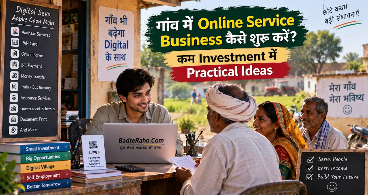 गाँव में low investment online service business शुरू करने को दिखाती featured image.