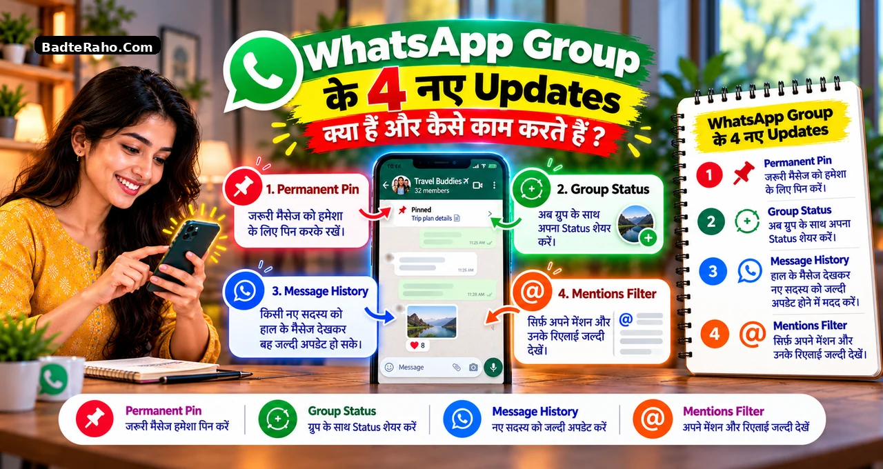 WhatsApp Group के 4 नए updates: permanent pin, Group Status, message history और mentions filter का visual