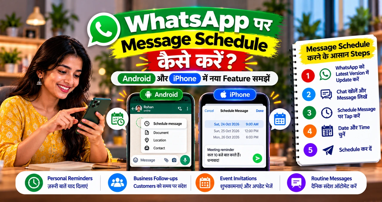 WhatsApp message scheduling guide showing Android and iPhone steps
