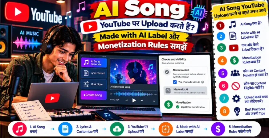 YouTube Made with AI label और AI-generated songs disclosure rules के बारे में featured image