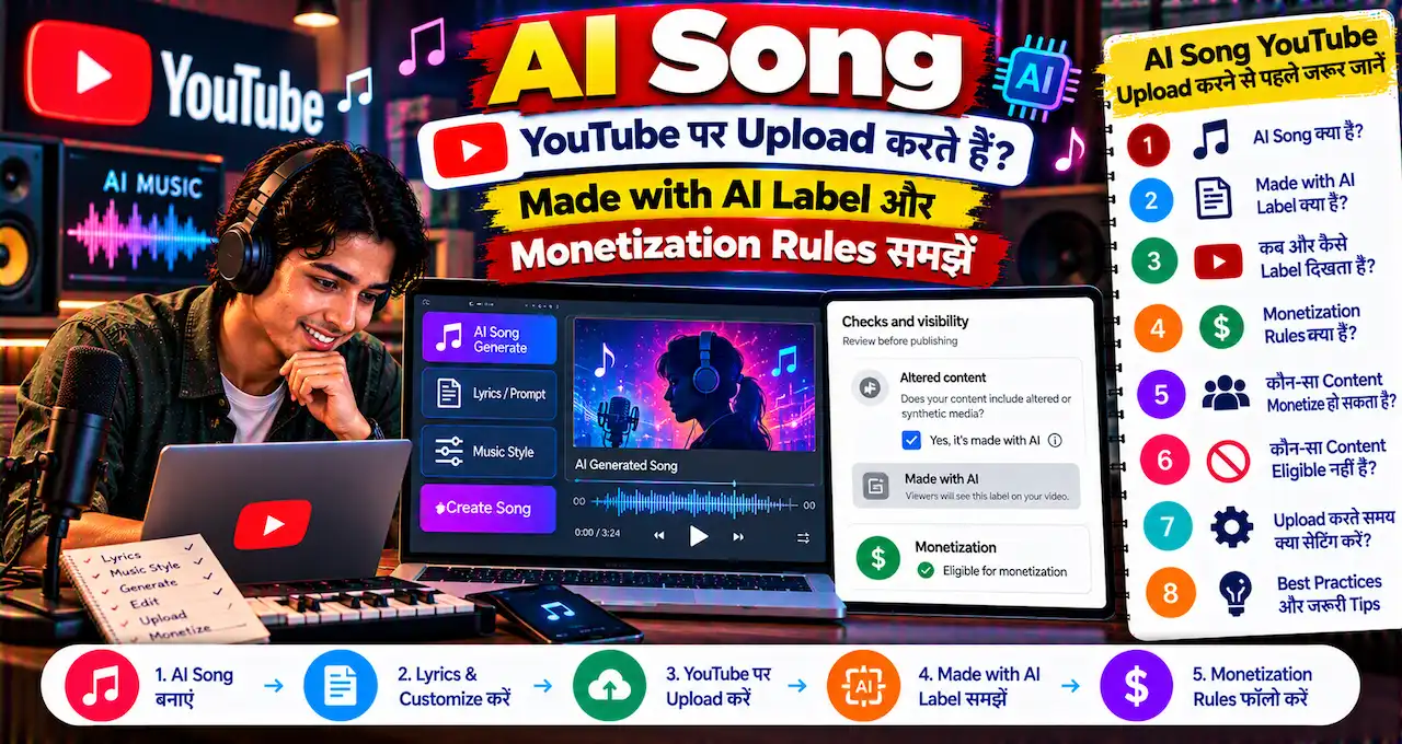YouTube Made with AI label और AI-generated songs disclosure rules के बारे में featured image